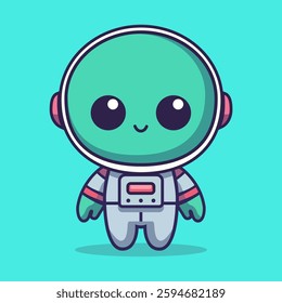 cute alien in astronaut suit cartoon character flat color vector illustration template design