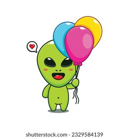 cute alien with balloon cartoon vector illustration.