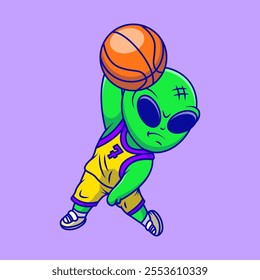 Cute Alien Basketball Player Dunking A Basketball Cartoon Vector Illustration. Science Sport Concept. Flat Cartoon Outline Style.