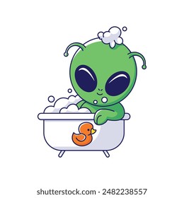 cute alien bathing in bathtub cartoon vector