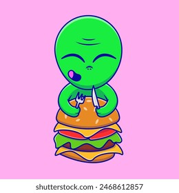 Cute Alien Behind A Giant Burger Cartoon Vector Icons Illustration. Flat Cartoon Concept. Suitable for any creative project.