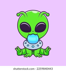 Cute Alien Bite Ufo Cartoon Vector Icon Illustration. Science Technology Icon Concept Isolated Premium Vector. Flat Cartoon Style