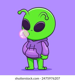 Cute Alien Blowing Gum With Hoodie Cartoon Vector Icon Illustration. Science Fashion Icon Concept Isolated Premium Vector. Flat Cartoon Style