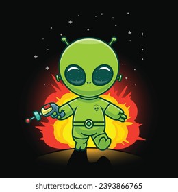 Cute alien blowing up in outer space, Cartoon Illustration