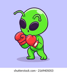 Cute Alien Boxing Cartoon Vector Icon Illustration. Science Sport Icon Concept Isolated Premium Vector. Flat Cartoon Style