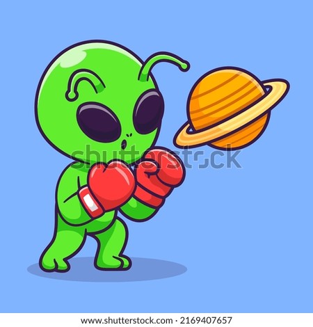 Cute Alien Boxing Planet Cartoon Vector Icon Illustration. Science Sport Icon Concept Isolated Premium Vector. Flat Cartoon Style