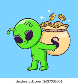 Cute Alien Bring Gold Coin Bag Cartoon Vector Icon Illustration. Science Finance Icon Concept Isolated Premium Vector. Flat Cartoon Style