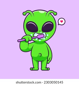 Cute Alien Brushing Zähne Cartoon Vektorsymbol Illustration Science Healthy Icon Konzept isoliert Premium Vektorgrafik. Flachbildkartonstil