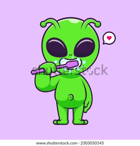 Cute Alien Brushing Teeth Cartoon Vector Icon Illustration Science Healthy Icon Concept Isolated Premium Vector. Flat Cartoon Style