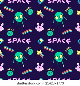 Cute alien, bunny planet, rainbow on dark background seamless pattern. Modern vintage, pop art style seamless pattern concept.