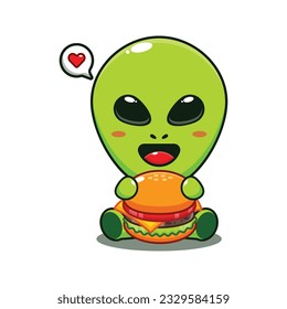 cute alien with burger cartoon vector illustration.