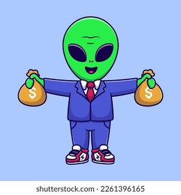 Cute Alien Businessman Holding Money Bag Cartoon Vector Icons Illustration. Flat Cartoon Concept. Suitable for any creative project.