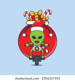 Cute alien carrying christmas gift with motorcycle. Cute christmas cartoon character illustration. 