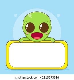 Cute alien cartoon character with billboard