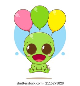 Cute alien cartoon character floating with balloons