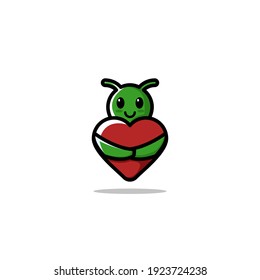 Cute Alien Cartoon Character Hug A Love Vector Illustration Design.