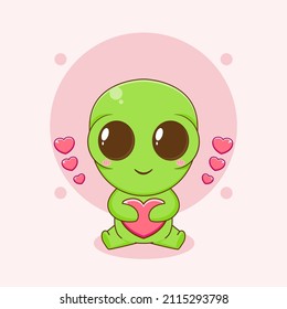 Cute alien cartoon character hugging love heart