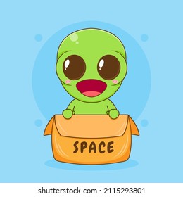 Cute alien cartoon character inside the box