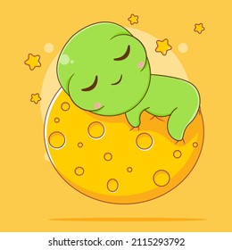 Cute alien cartoon character sleeping on the moon
