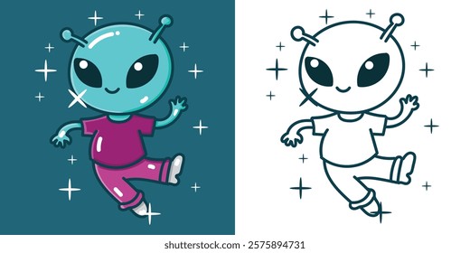 A cute alien cartoon illustration for a sticker, design element, or coloring book element