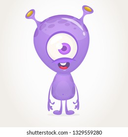 Cute alien cartoon with one eye and big head. Vector illustration isolated on white