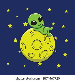 cute alien cartoon relaxing on the moon. Flat cartoon style suitable for web landing page, banner, flyer, sticker, card, children books and etc.