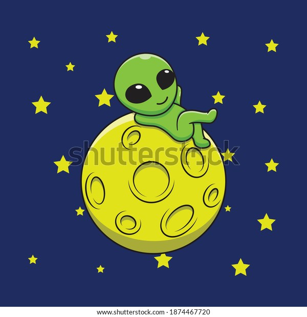 cute alien cartoon relaxing on the moon. Flat\
cartoon style suitable for web landing page, banner, flyer,\
sticker, card, children books and\
etc.