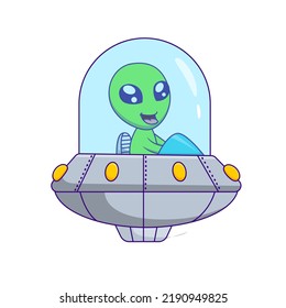 Cute alien cartoon riding a ufo. Vector illustration