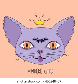 Cute alien cat head with orange eyes and crown on orange background. Vector flat illustration.