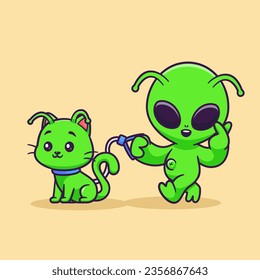 Cute Alien With Cat Alien Pet Cartoon Vector Icon Illustration. Science Animal Icon Concept Isolated Premium Vector. Flat Cartoon Style