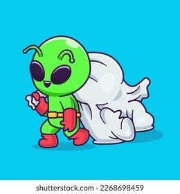 Cute Alien Catching Astronaut With Sack Cartoon Vector Icon Illustration. Science Technology Icon Concept Isolated Premium Vector. Flat Cartoon Style