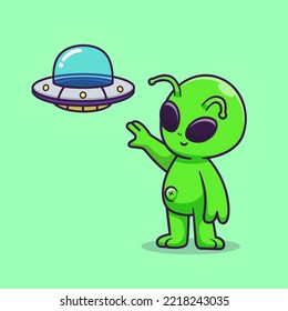 Cute Alien Catching Ufo Spaceship Cartoon Vector Icon Illustration. Science Technology Icon Concept Isolated Premium Vector. Flat Cartoon Style