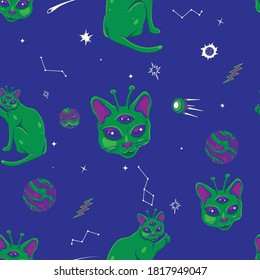 Cute Alien cats seamless pattern