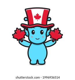 Cute alien character celebrated Canada Day cartoon vector icon illustration. Design isolated on white. Flat cartoon style.