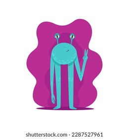 Cute alien character with long legs and arms vector illustration. Friendly blue monster on a dark background in cartoon style. Ideal for kids design. Cosmic theme.