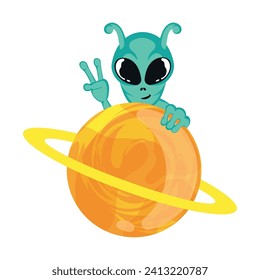 Cute alien character on a planet Vector illustration