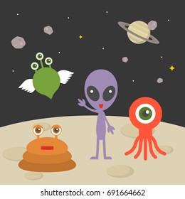 Cute alien character on planet with space background, flat design illustration