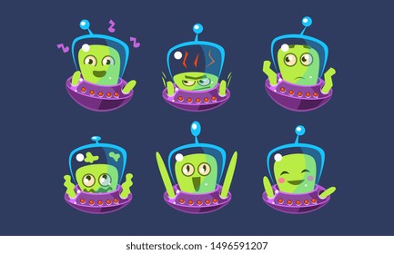 Cute Alien Character Set, Funny Monster with Different Emotions, Green Emojis Vector Illustration