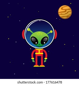 cute alien character and space element on stars background