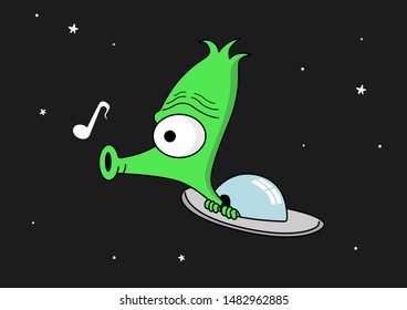 Cute alien character in space peeking in his spaceship ufo and whistling. Cartoon style vector illustration.