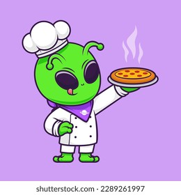 Cute Alien Chef Cooking Pizza Cartoon Vector Icon Illustration. Science Food Icon Concept Isolated Premium Vector. Flat Cartoon Style