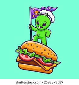 Cute Alien Chef Standing On Burger With Flag Cartoon Vector Icon Illustration. Science Food Icon Concept Isolated Premium Vector. Flat Cartoon Style