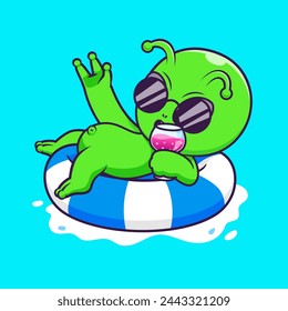 Cute Alien Chill On Swimming Tires With Juice Cartoon Vector Icon Illustration. Science Holiday Icon Concept Isolated Premium Vector. Flat Cartoon Style