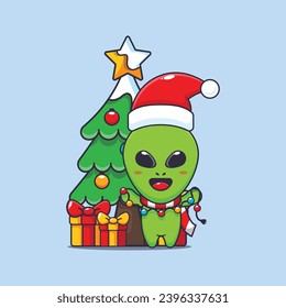 Extraterrestre lindo con lámpara de cristalización. Dibujo de personajes de caricatura de navidad. 