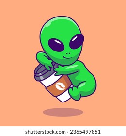 Cute Alien With Coffee Cup Cartoon Vector Icons Illustration. Flat Cartoon Concept. Suitable for any creative project.