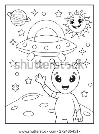 Cute Alien Coloring Page for Kids. Friendly Space Character Waving with UFO. Simple Black and White Line Art