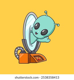 cute alien comes out of teleport glass Cartoon Vector Icon Illustration. Scene technology Icon Concept Isolated Premium Vector