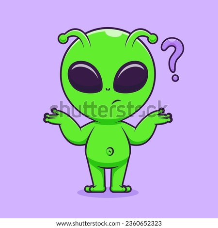 Cute Alien Confused Thinking Cartoon Vector Icon Illustration. Animal Nature Icon Concept Isolated Premium Vector. Flat Cartoon Style