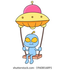 cute alien creature is playing swing flying with ufo, vector illustration art. doodle icon image kawaii.