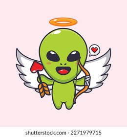 Cute alien cupid holding love arrow cartoon vector Illustration.